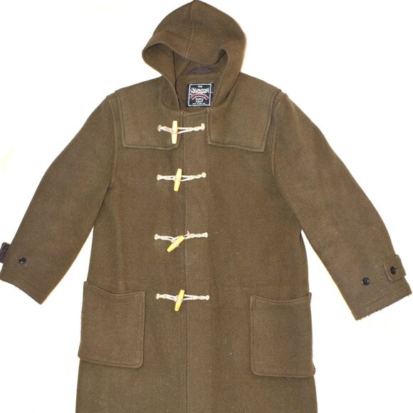 Vintage Gloverall Wool Duffle Coat Green Brown Hooded Made in England Large - Picture 2 of 12